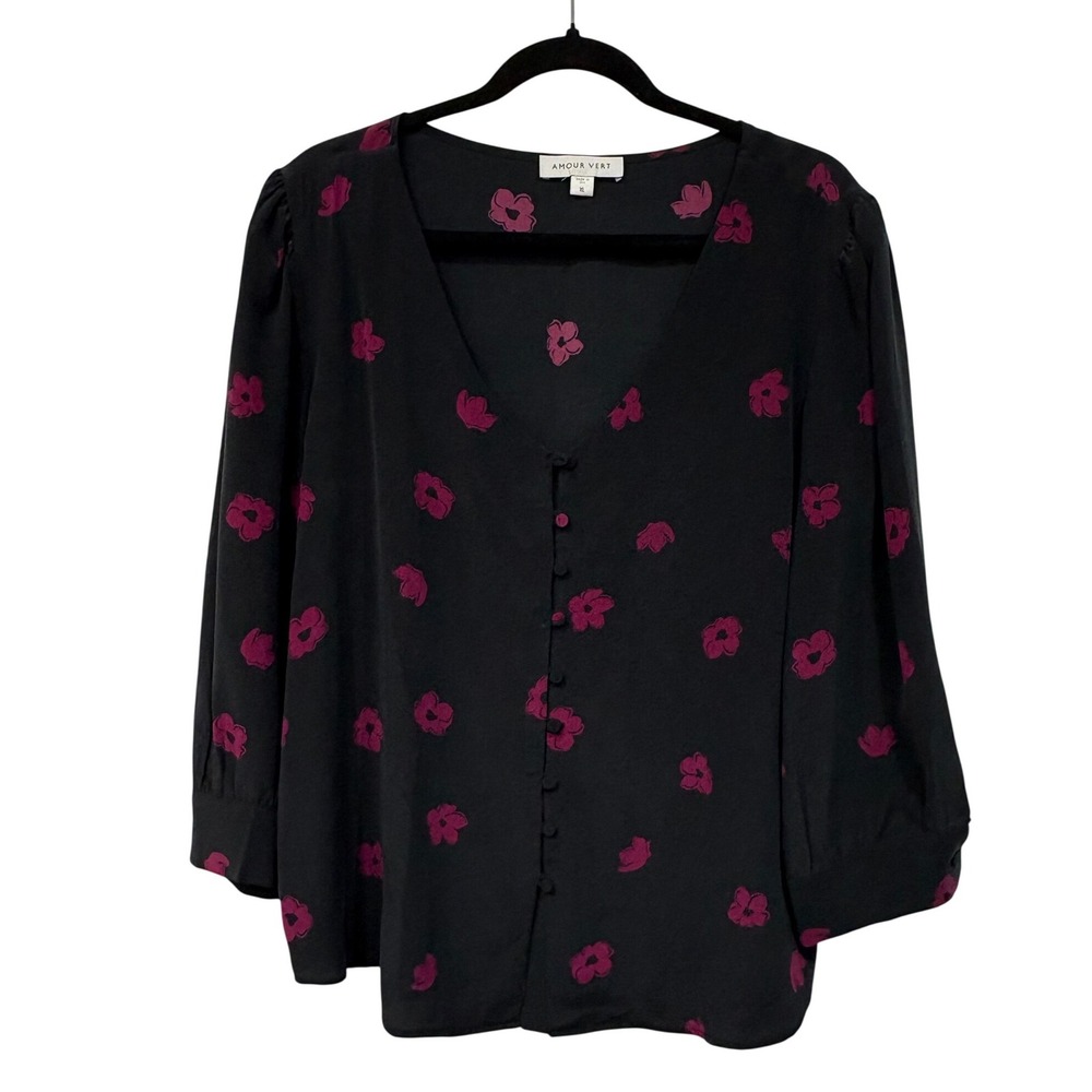 Amour Vert Silk Blouse XL Black Pink Floral Button Front 3/4 Sleeve Whimsigoth